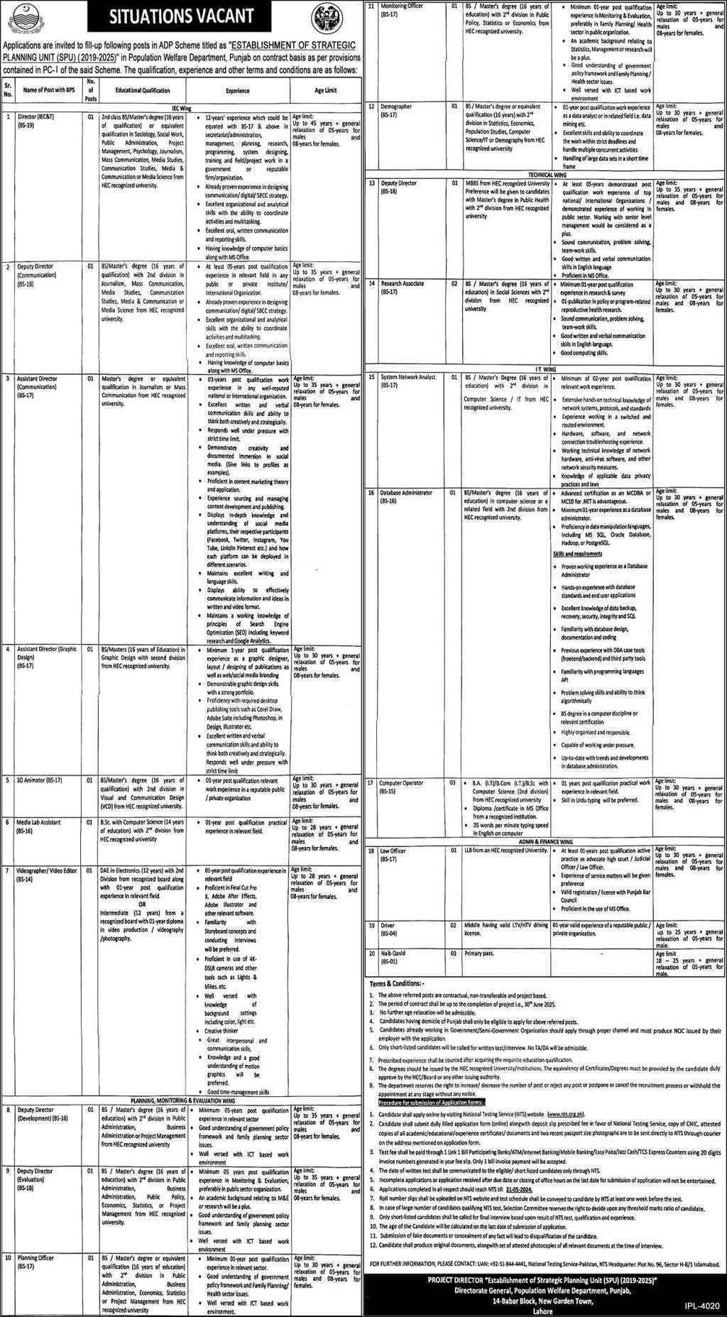 Population Welfare Department Punjab Jobs in Lahore May 2024 Advertisement