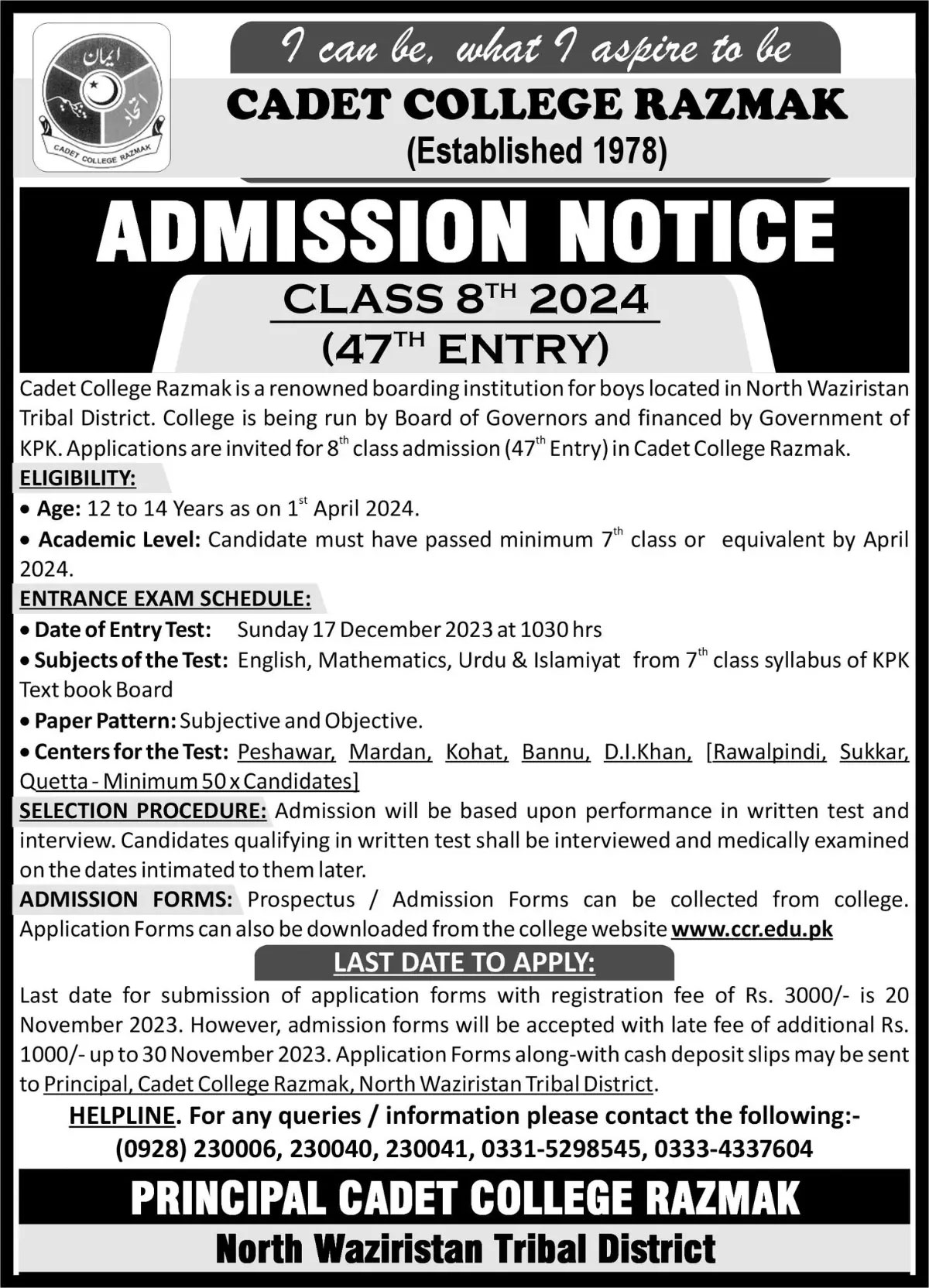 Cadet College Razmak Admission