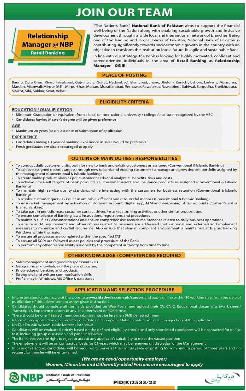 National Bank of Pakistan Jobs Advertisement 2024