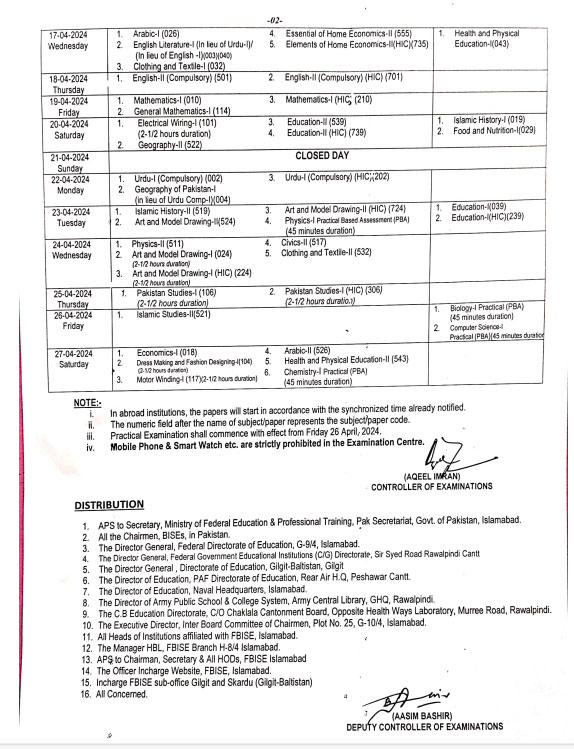 10th Class Date Sheet For Matric 2024 Bise Federal Board