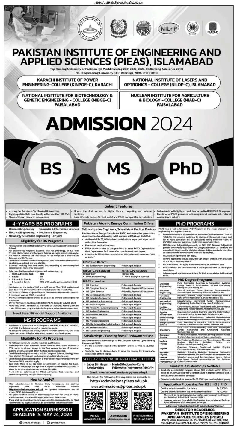 PIEAS Islamabad Admission 2024 Last date