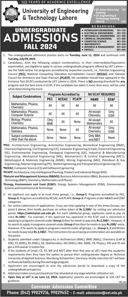 University Of Engineering & Technology, Lahore UET Lahore Admission 2024 Last date

