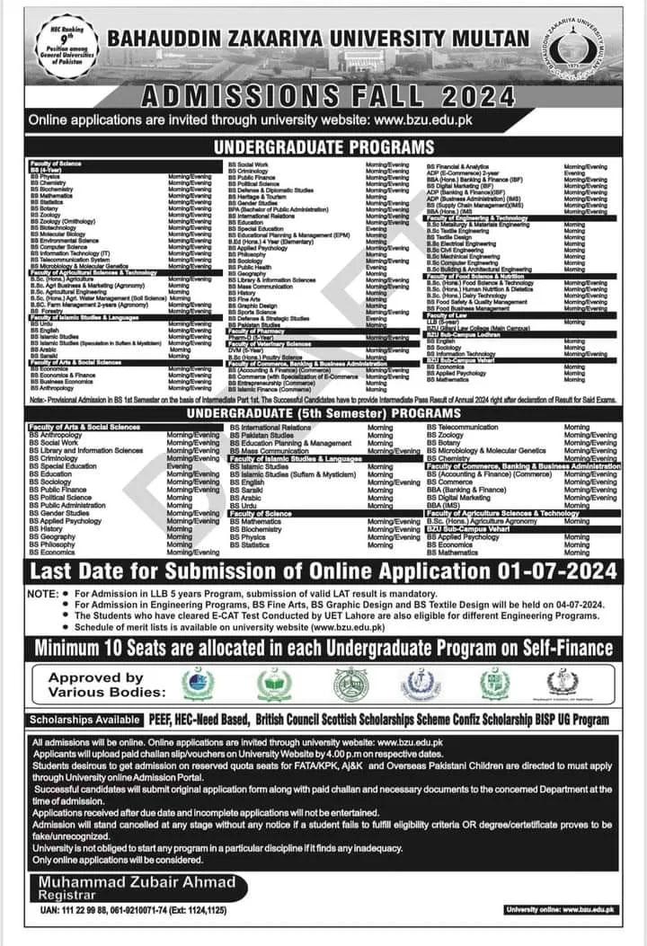 Multan BZU Multan Admission 2024 